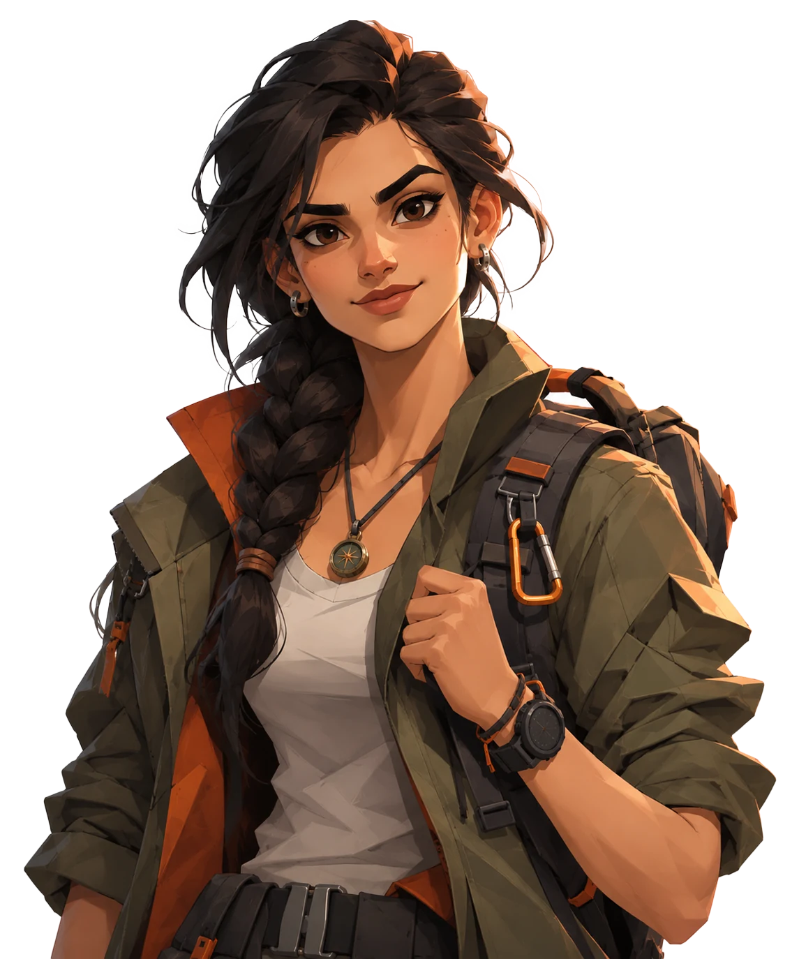 Aria, a smiling traveler with a long braid, an olive jacket and a backpack