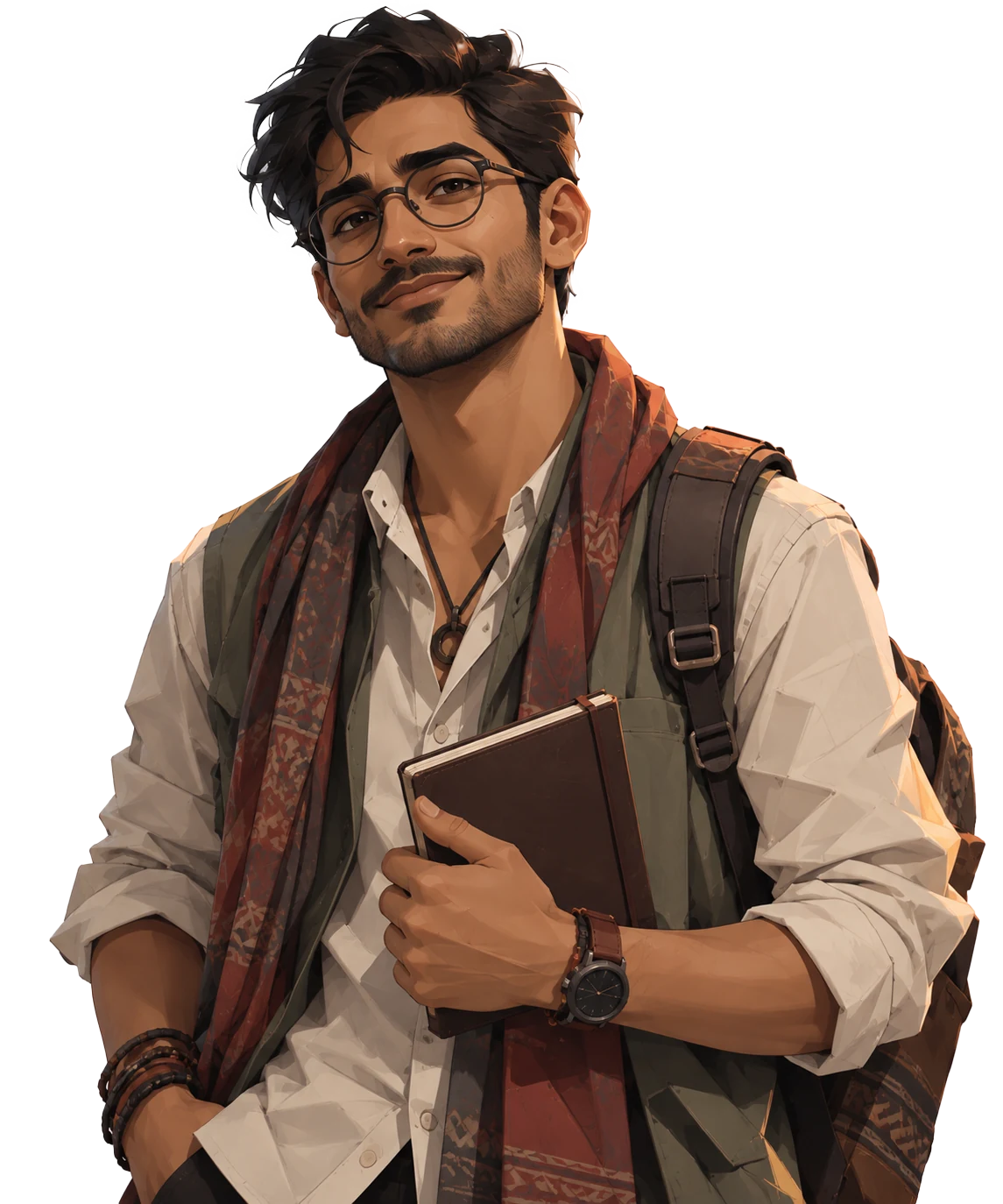 Dev, a smiling traveler with glasses, a scarf and a notebook