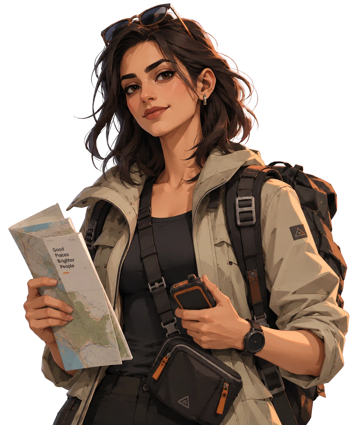 Maya, a smiling traveler in a beige jacket holding a folded map