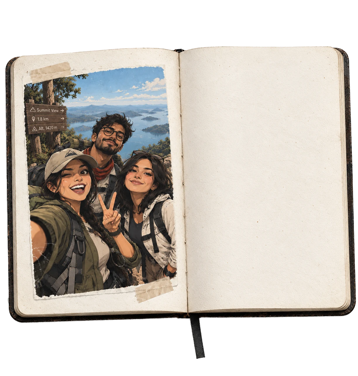 An open travel notebook. On the left page, taped in, is a photo of three smiling travelers on a mountain summit; the right page is blank.